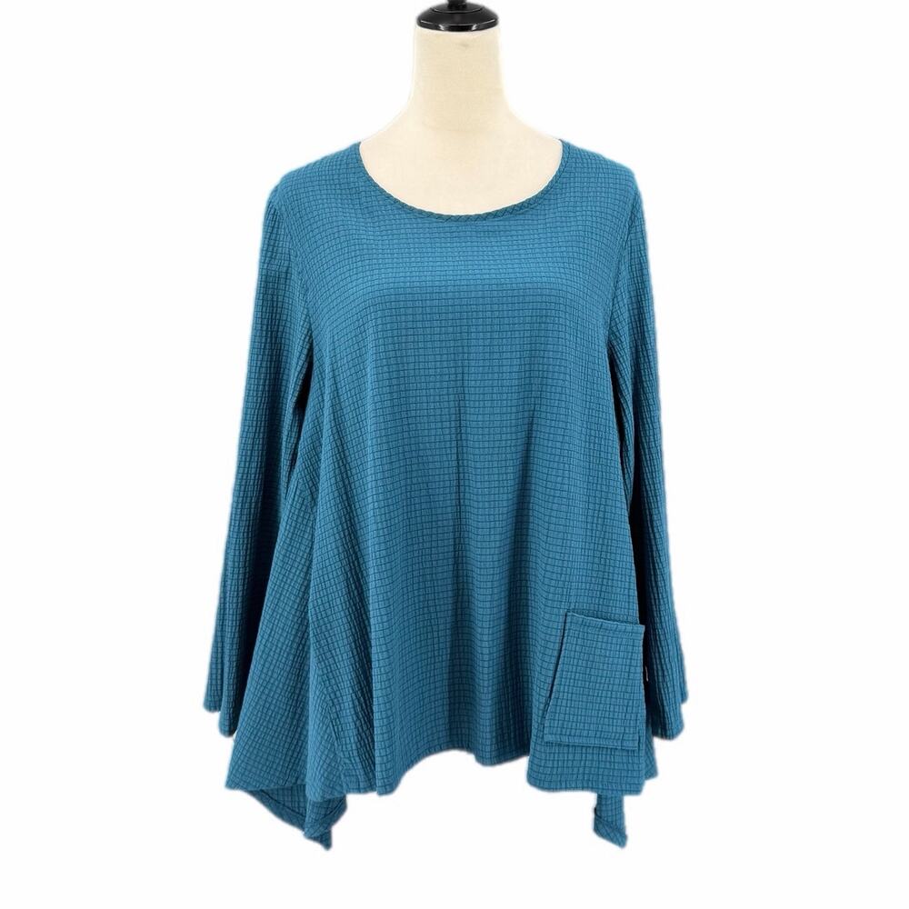 Niche NEW Teal Lagenlook Waffle Textured Relaxed Beachy Coastal Tunic Blouse